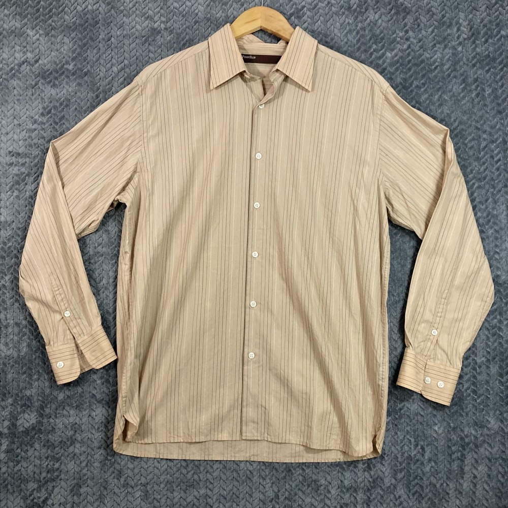 Vintage Perry Ellis Button Down Shirt Men's L Tan Striped Long Sleeve VTG